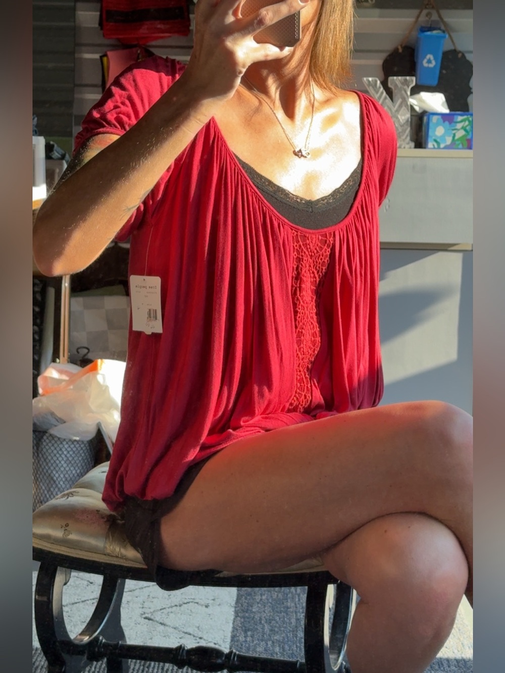 FP Movement by Free People Red Lace-Front Scoop Neck Top